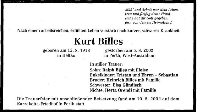 Billes Kurt 1918-2002 Todesanzeige
